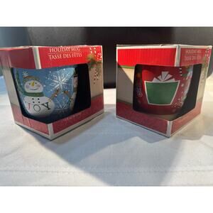 2 Holiday Mugs‎ 14 oz – Snowman JOY & Red Gift Box NIB